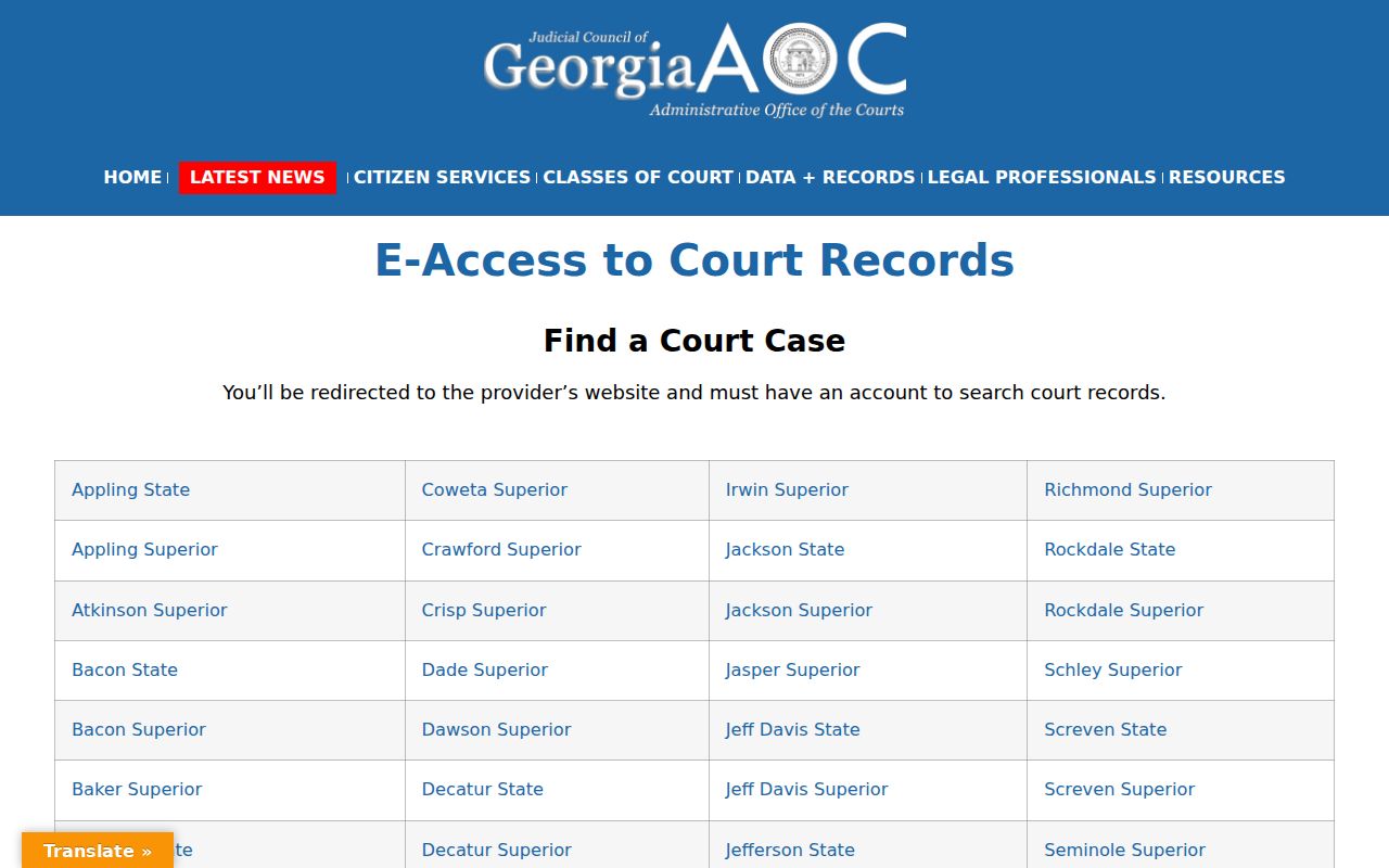 Jasper County case search route in the Georgia Courts E-Access directory